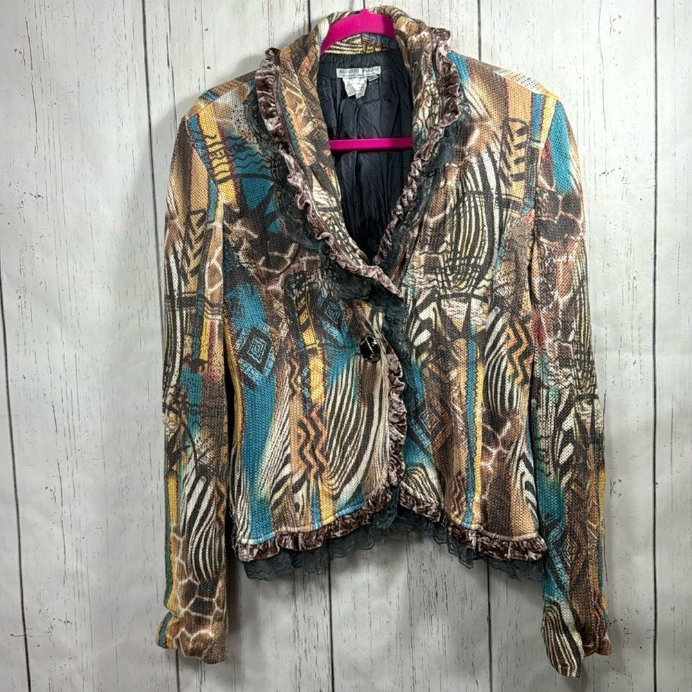 Alberto Makali Multicolor Abstract Blazer Animal Print Ruffle Trim Size L Boho